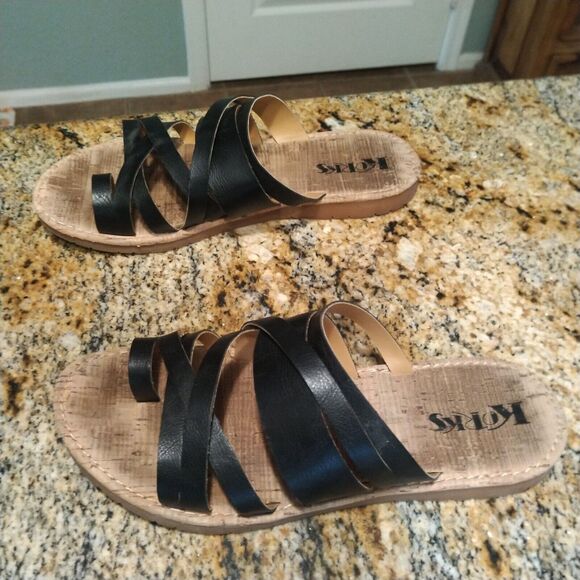 Korks Clemmons Strappy Slides Sandals Black Leather Cork Footbed Women's 8.5M - Picture 4 of 12